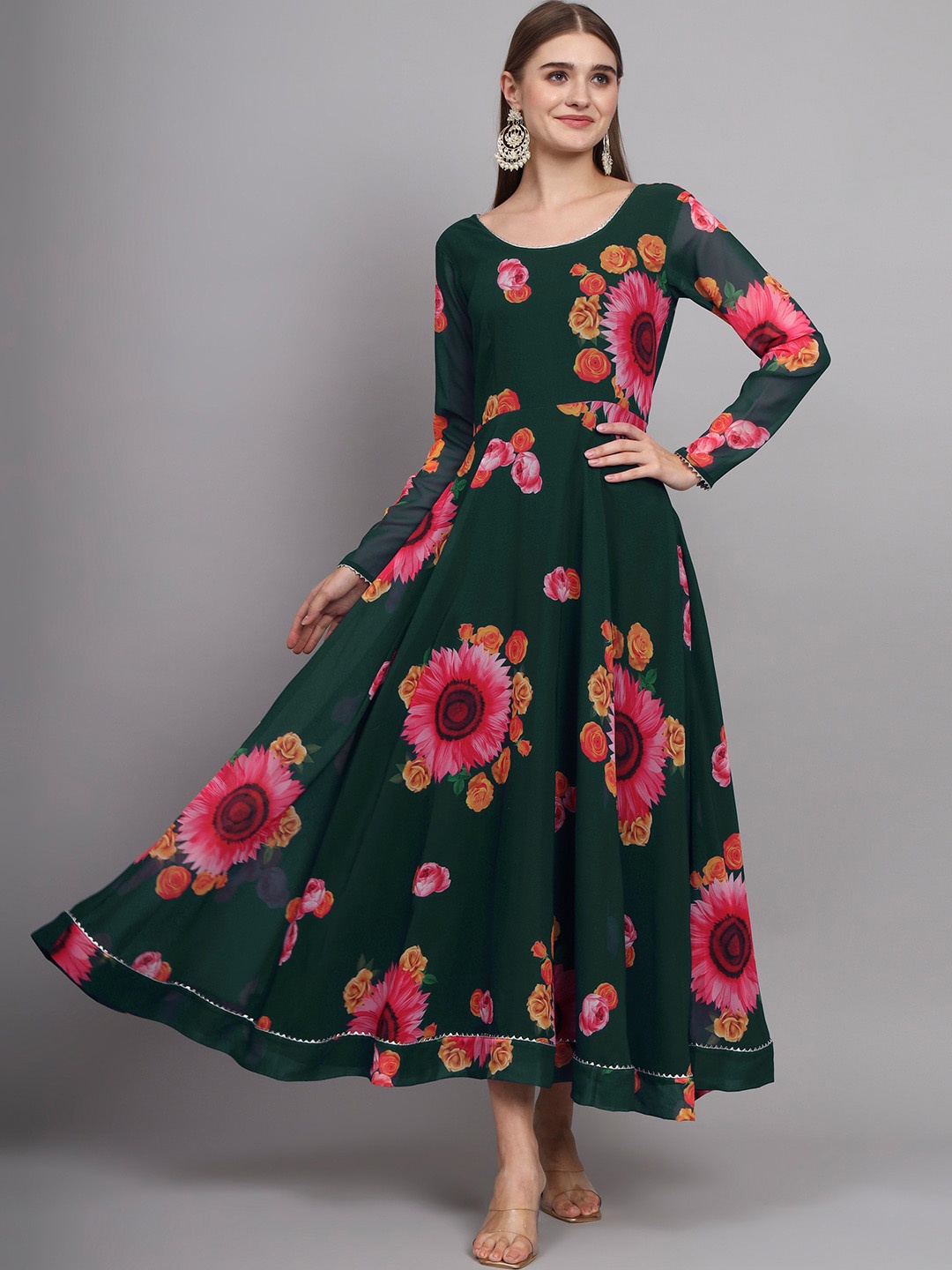 

KALINI Floral Printed Georgette Fit & Flare Maxi Ethnic Dress, Green
