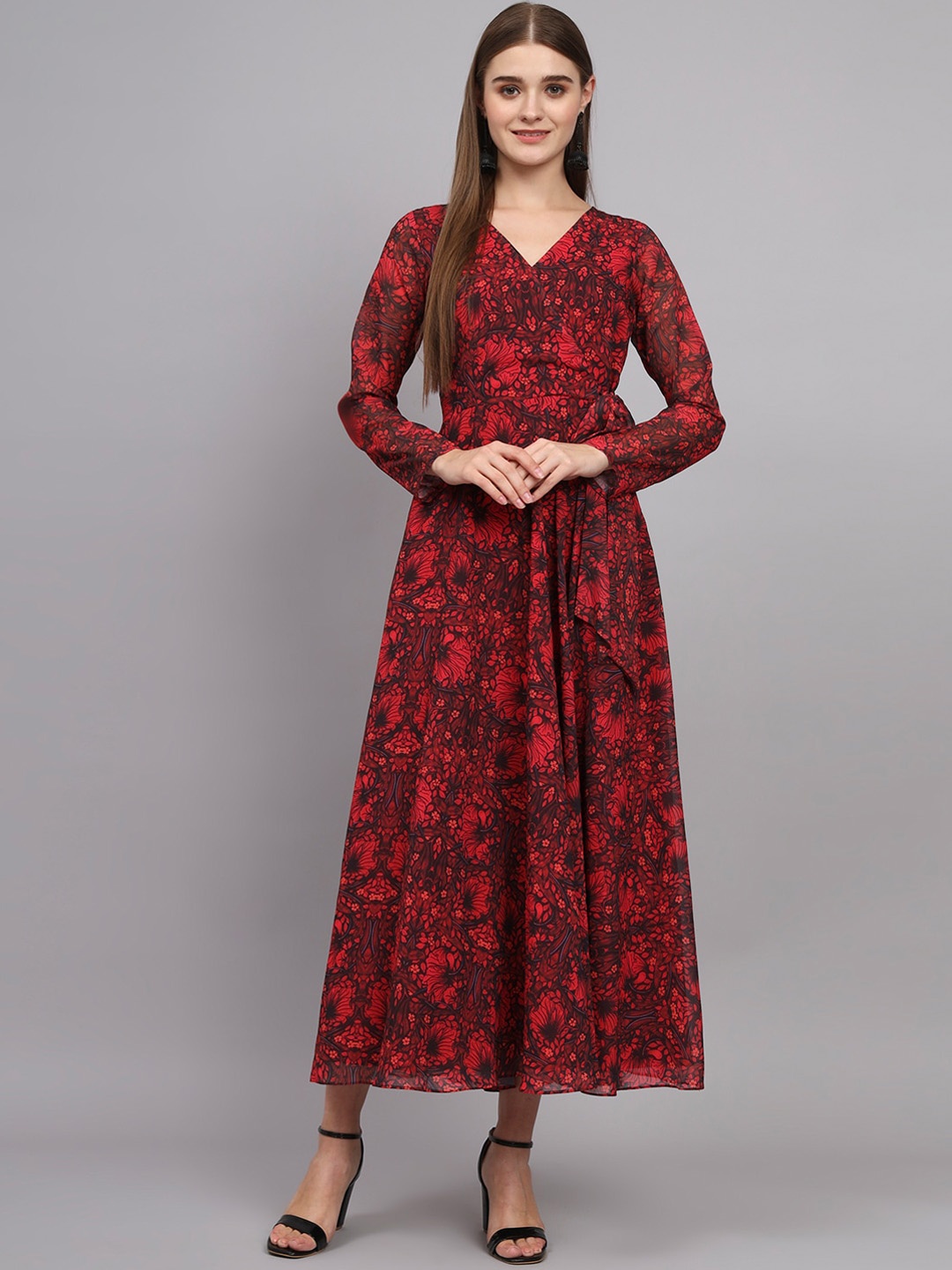 

KALINI Floral Printed Tie-Ups Georgette Fit & Flare Maxi Ethnic Dress, Red