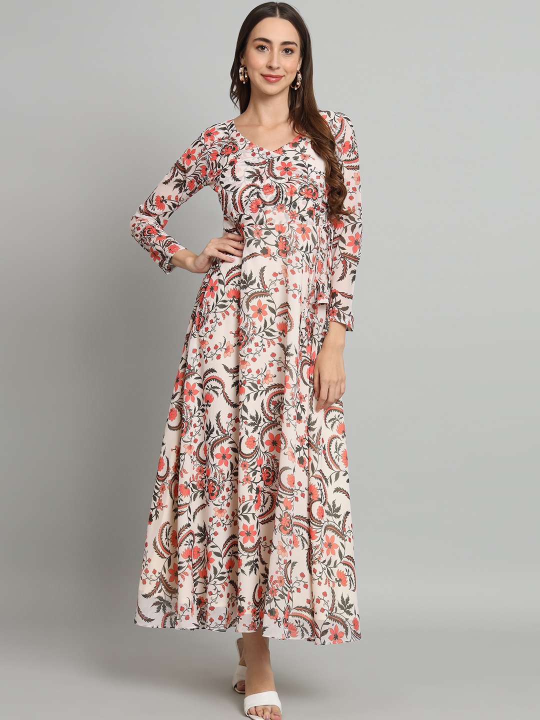 

KALINI Floral Printed Georgette Maxi A Line Dress, Off white