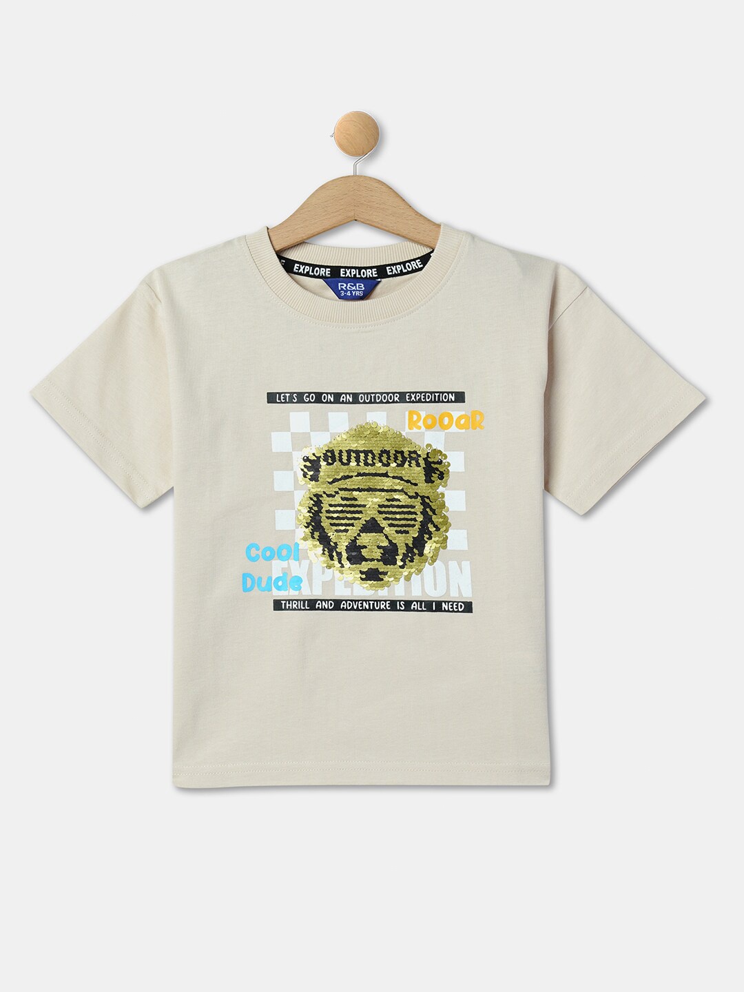 

R&B Boys Typography Printed Cotton Relaxed Fit T-shirt, Beige