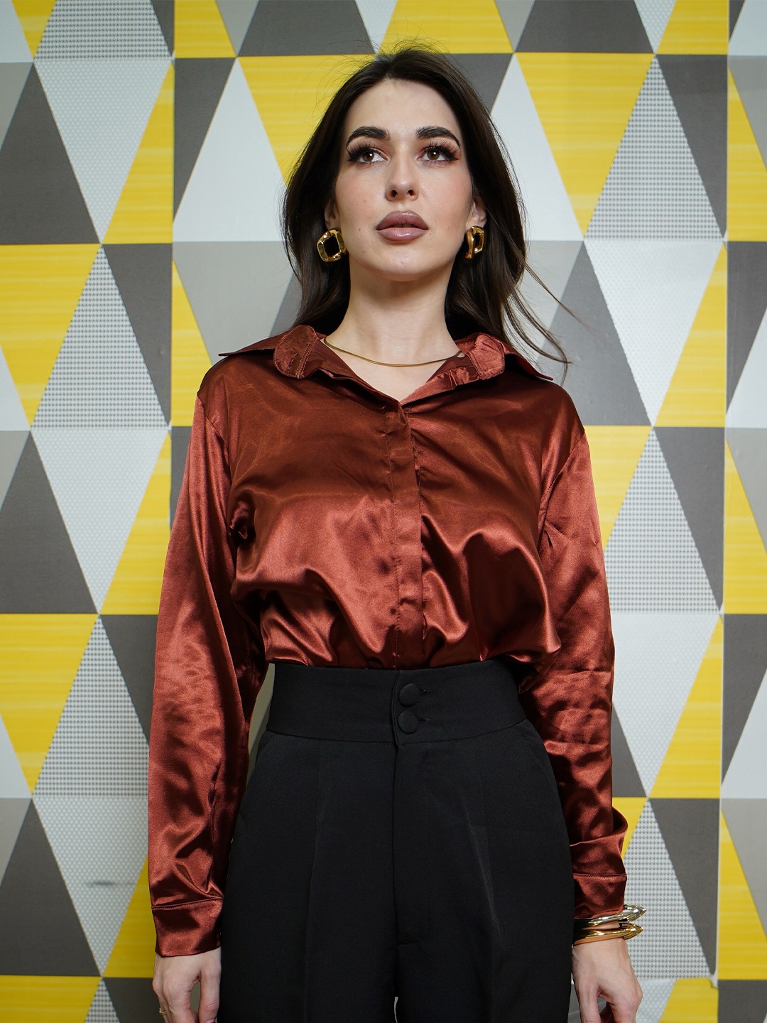 

StyleAsh Classic Opaque Satin Casual Shirt, Brown