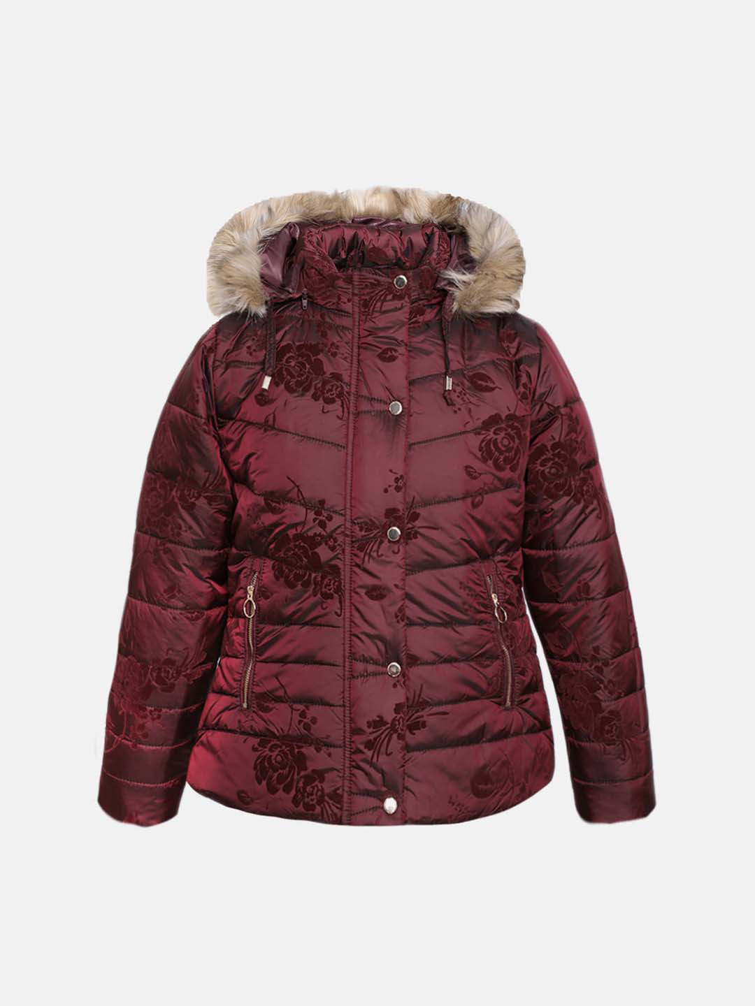 

CHKOKKO Girls Floral Printed Hooded Puffer Jacket With Faux Fur Trim, Maroon