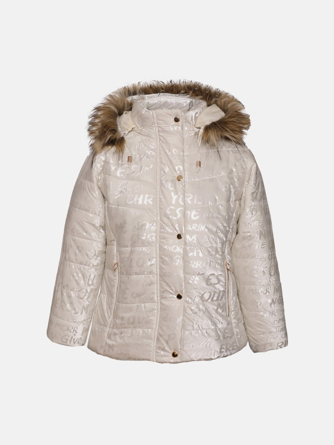 

CHKOKKO Girls Hooded Puffer Jacket With Faux Fur Trim, Cream
