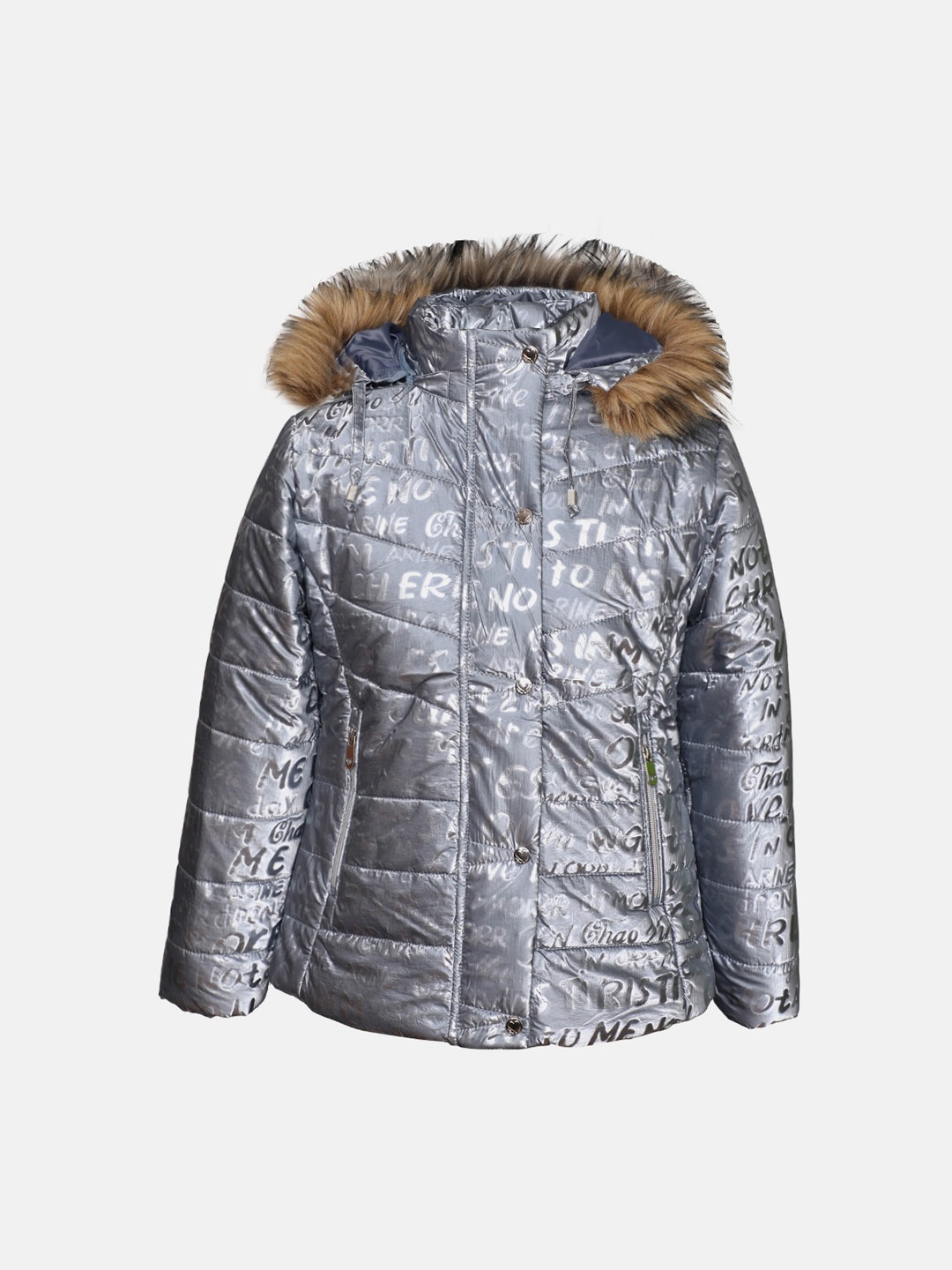 

CHKOKKO Girls Typography Printed Quilted Jacket With Faux Fur Detail, Blue