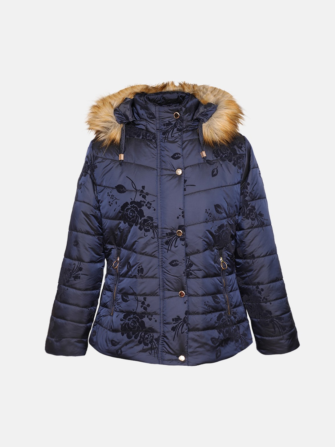 

CHKOKKO Girls Floral Printed Hooded Parka Jacket, Blue