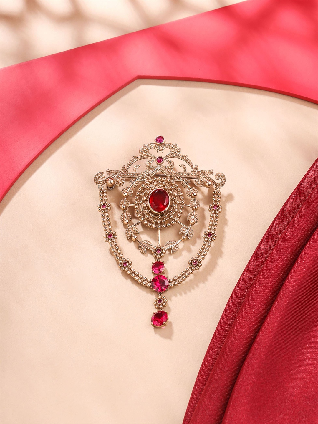

COSA NOSTRAA Men Statement Artificial Stones and Beads Studded Shield Brooch, Gold