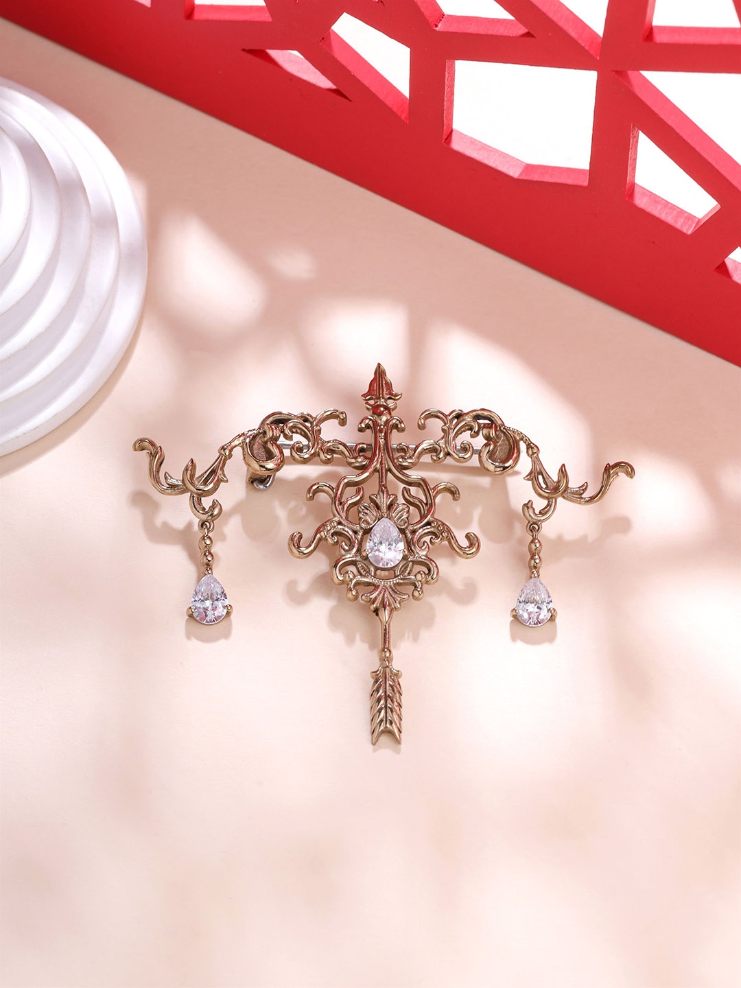 

COSA NOSTRAA Artificial Stones and Beads Studded Bow & Arrow Brooch, Gold