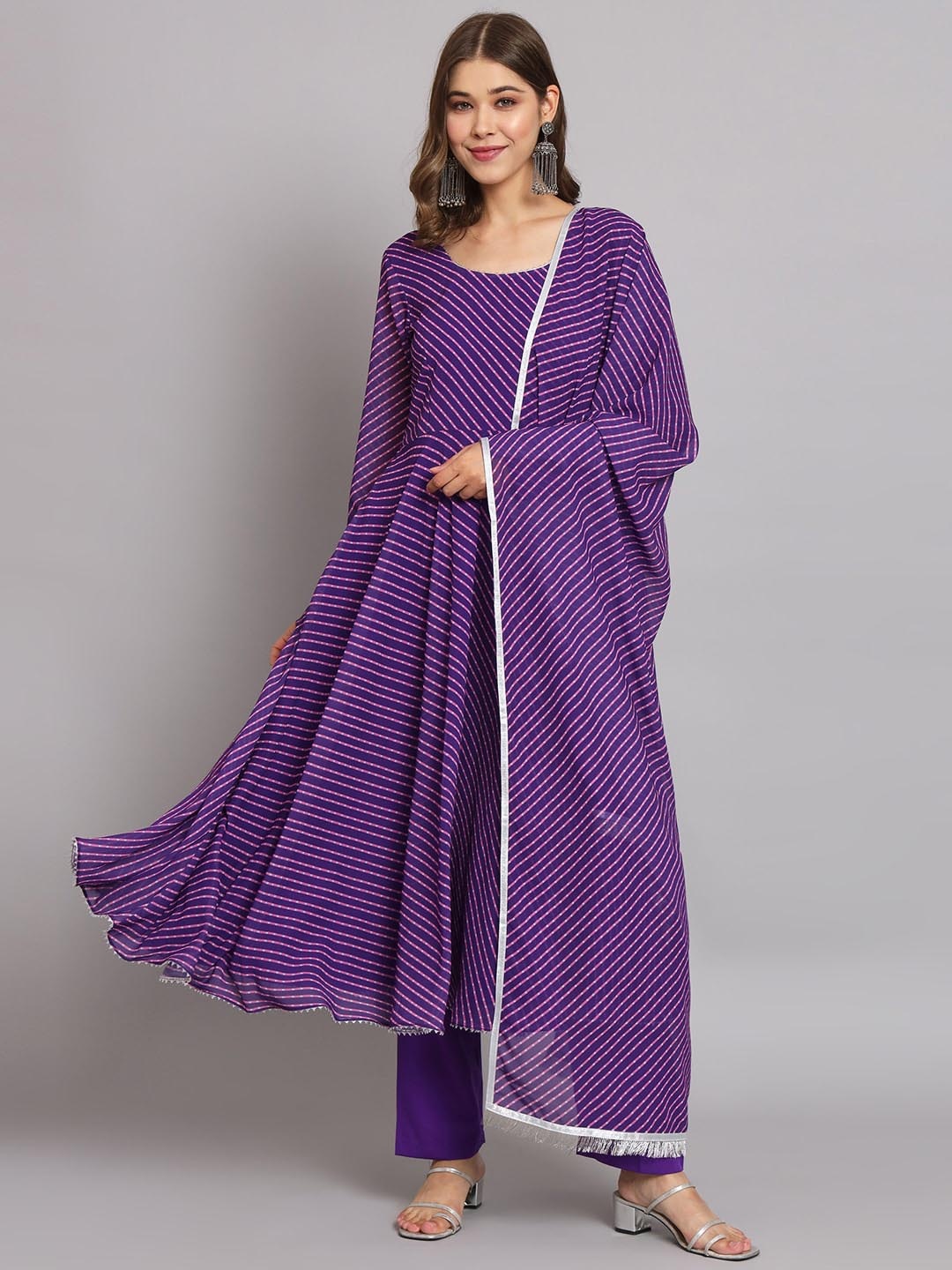 

KALINI Leheriya Printed Georgette Anarkali Kurta With Dupatta, Purple
