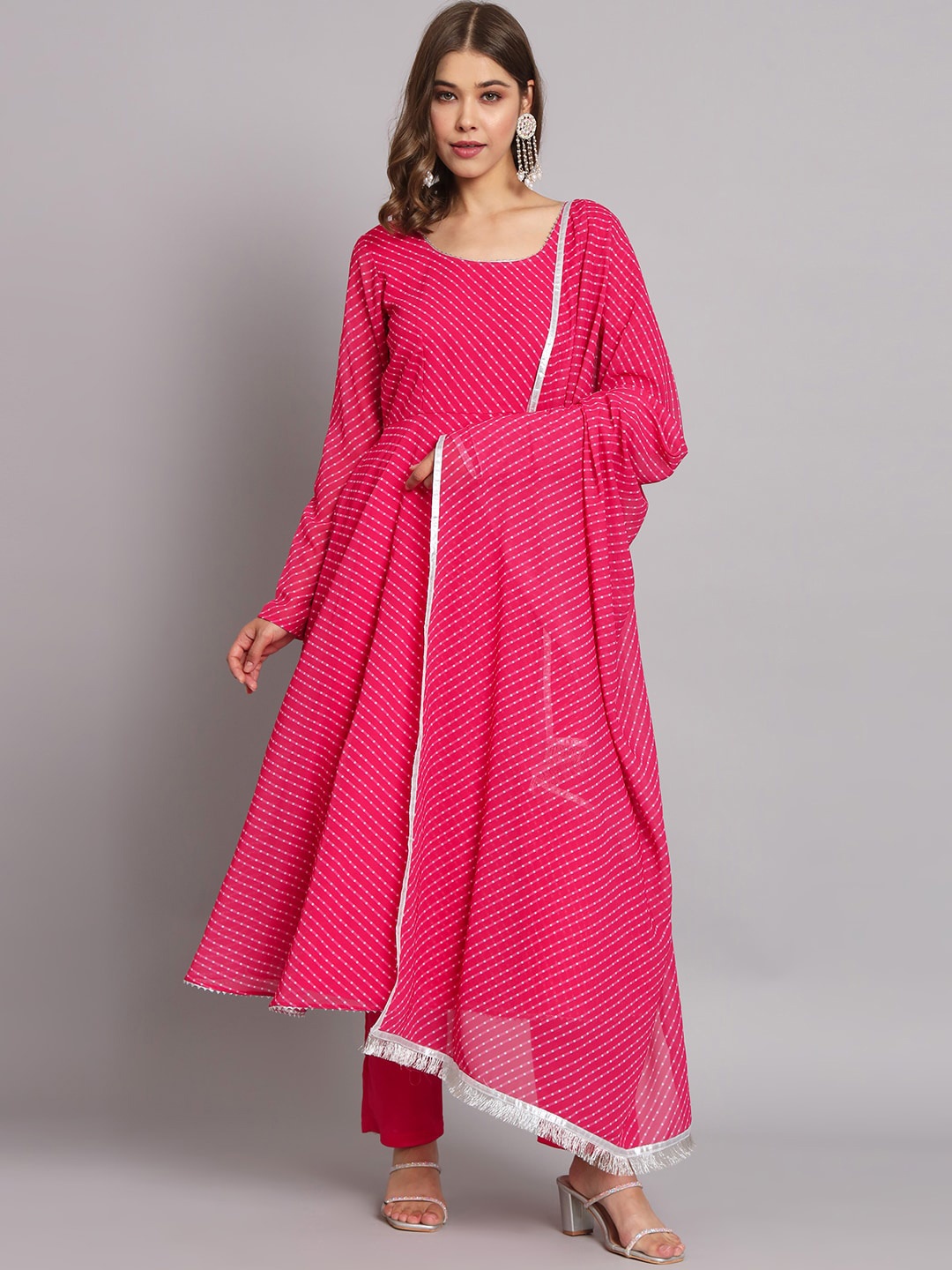 

KALINI Geometric Printed Georgette Anarkali Kurta With Dupatta, Pink