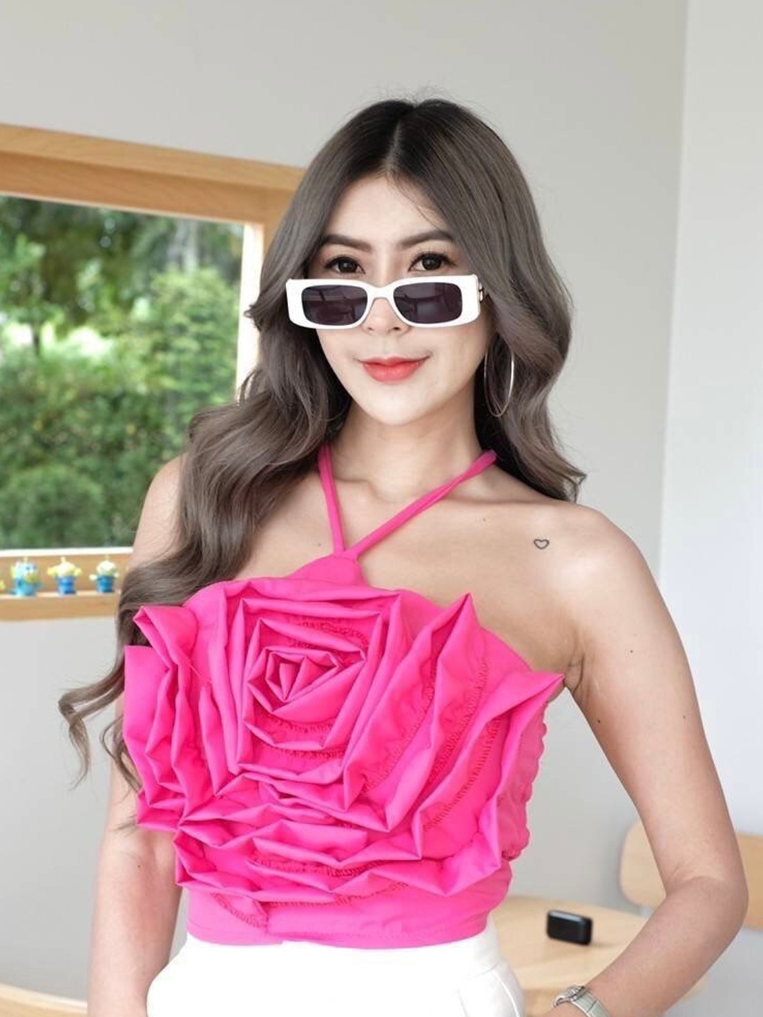

StyleAsh Halter Neck Sleeveless Smocked Ruffled Rose Patterned Crop Top, Pink