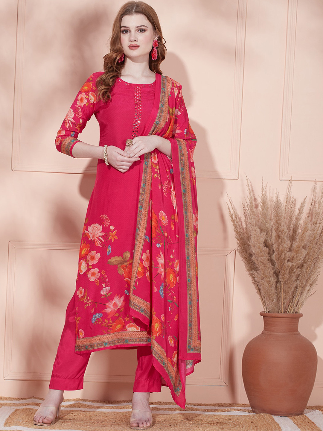 

FASHOR Floral Printed Mirror Work Kurta with Trousers & Dupatta, Fuchsia