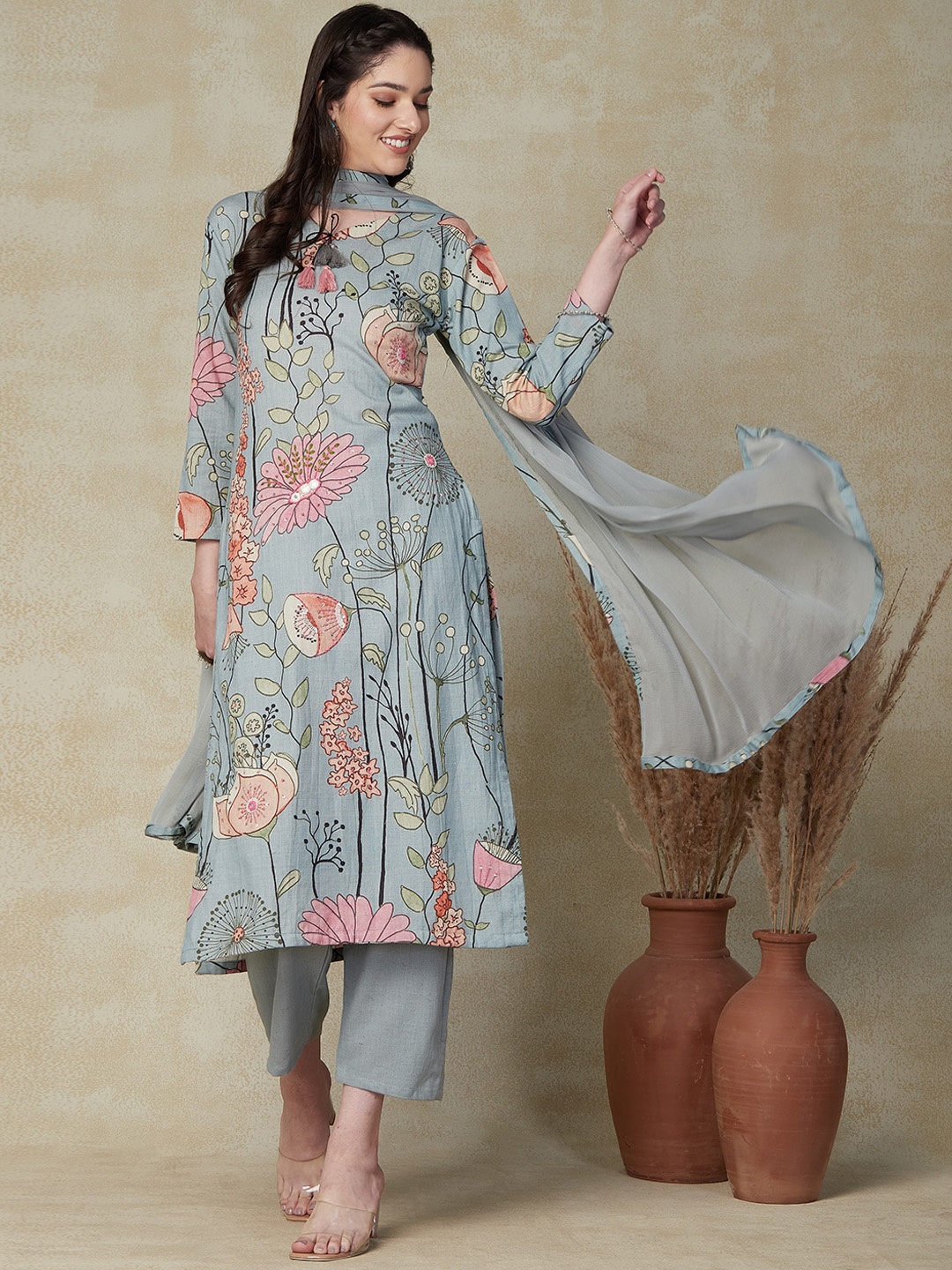 

FASHOR Floral Printed Mirror Work Pure Cotton Kurta with Trousers & Dupatta, Green