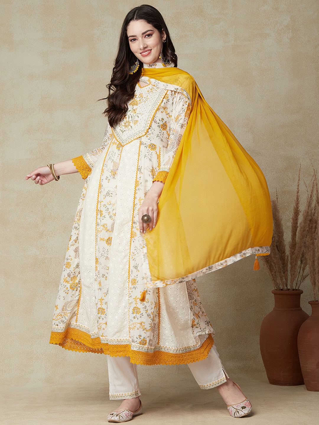 

FASHOR Off White Floral Printed Sequinned Pure Cotton Kurta with Trousers & Dupatta