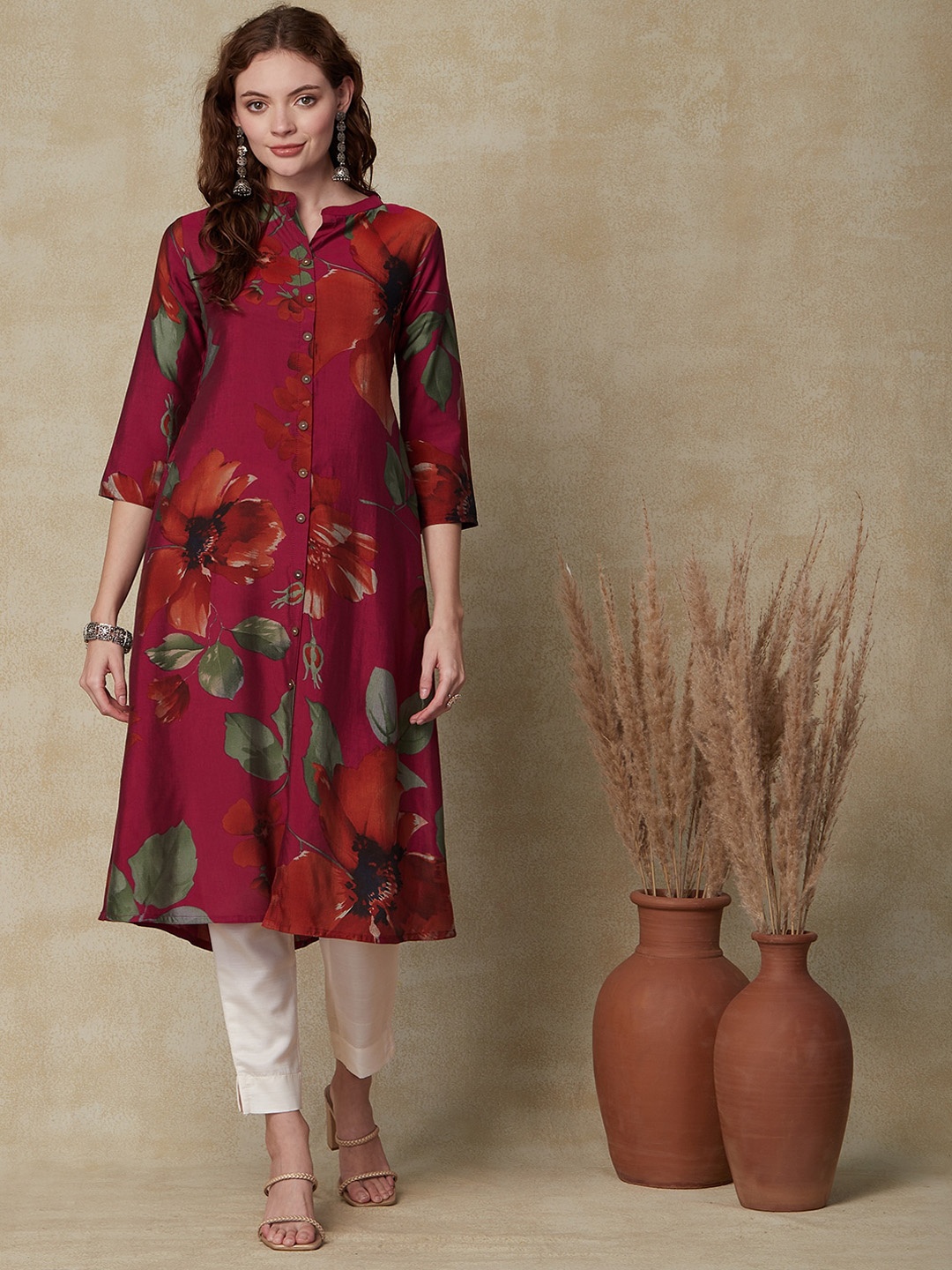 

FASHOR Magenta & Green Floral Printed Mandarin Collar Silk A-Line Kurta