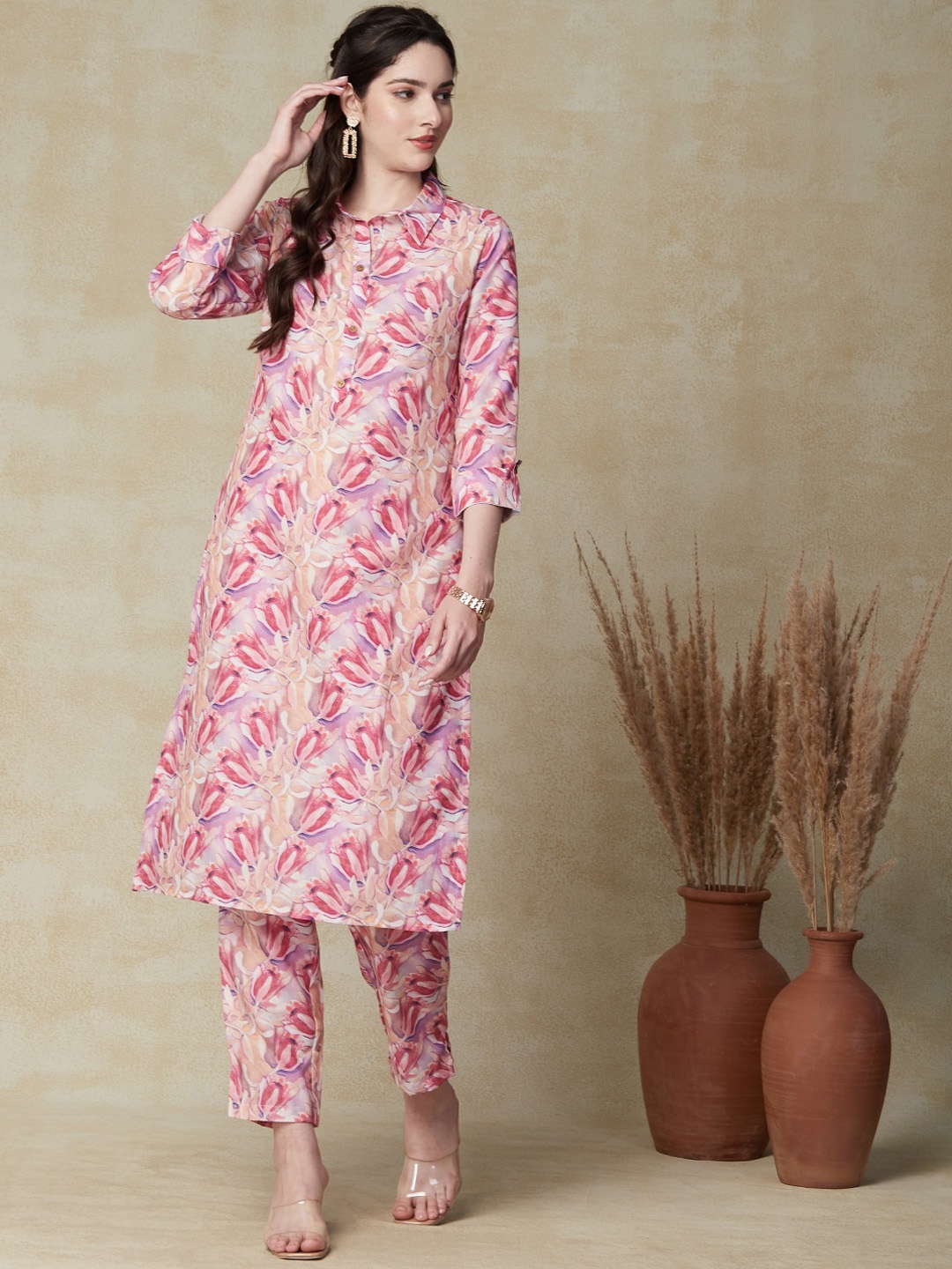 

FASHOR Floral Printed Shirt Collar Straight Kurta with Trousers, Pink