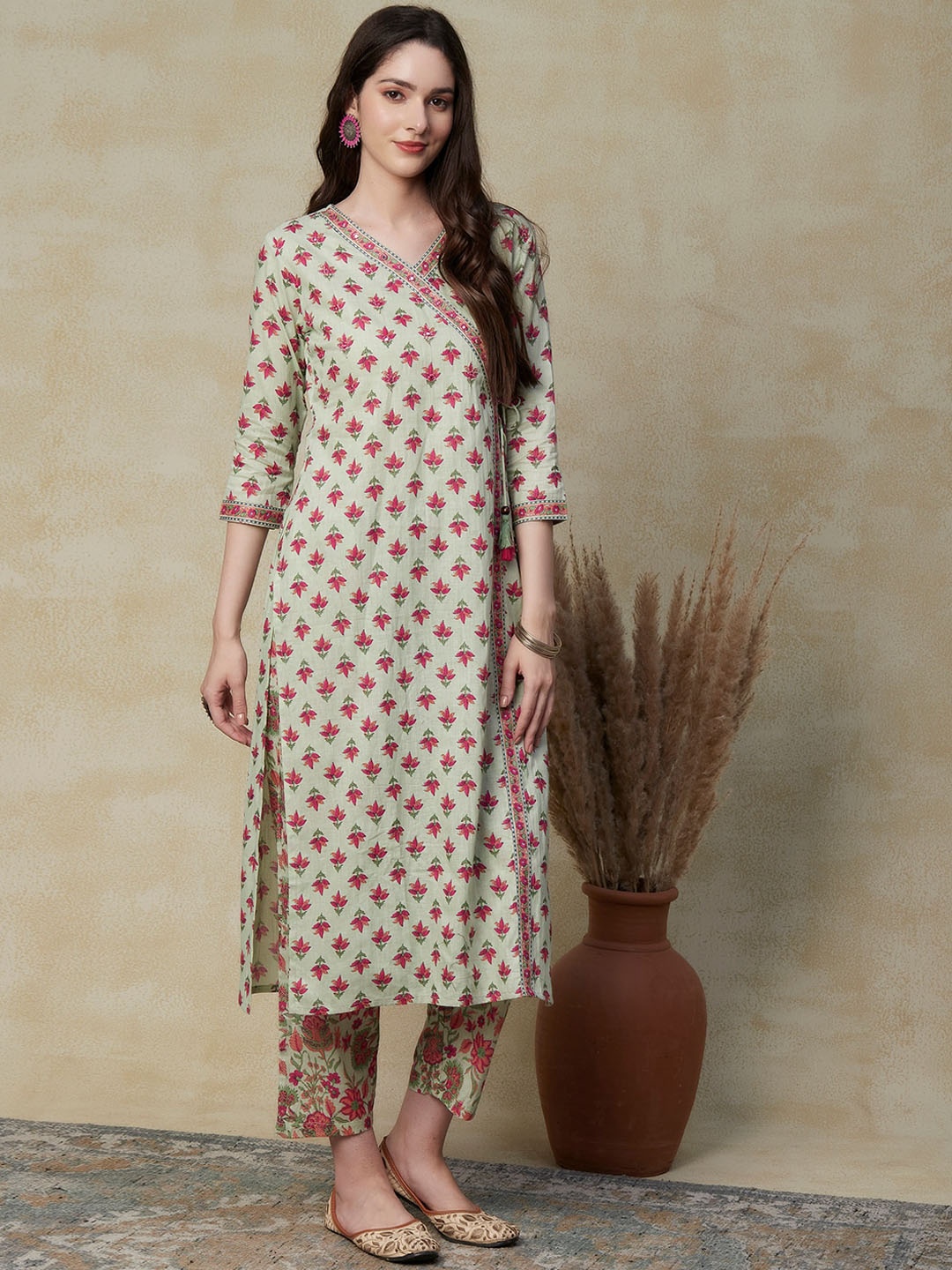 

FASHOR Floral Printed Angrakha Mirror Work Pure Cotton Kurta with Trousers, Green