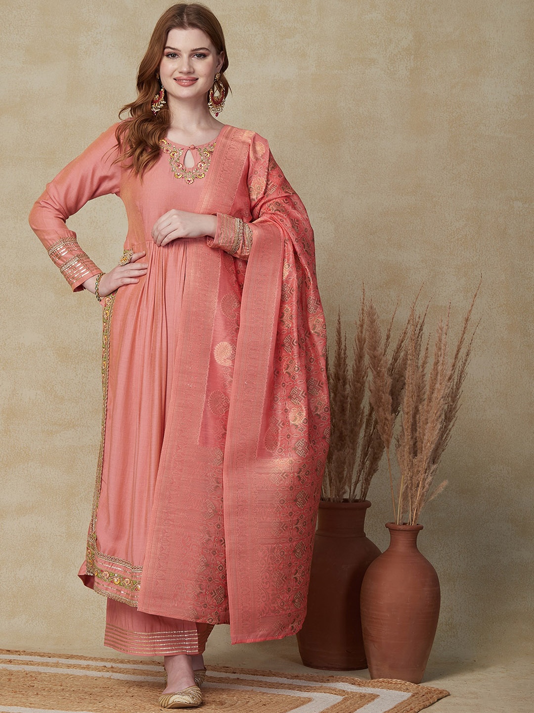 

FASHOR Peach-Coloured Floral Embroidered Gotta Patti Kurta with Palazzos & Dupatta