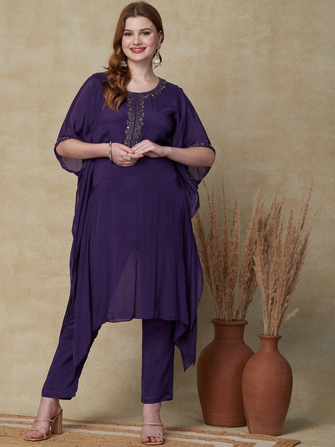 

FASHOR Ethnic Motifs Yoke Design Beads and Stones Silk Crepe Kaftan Kurta with Trousers, Purple