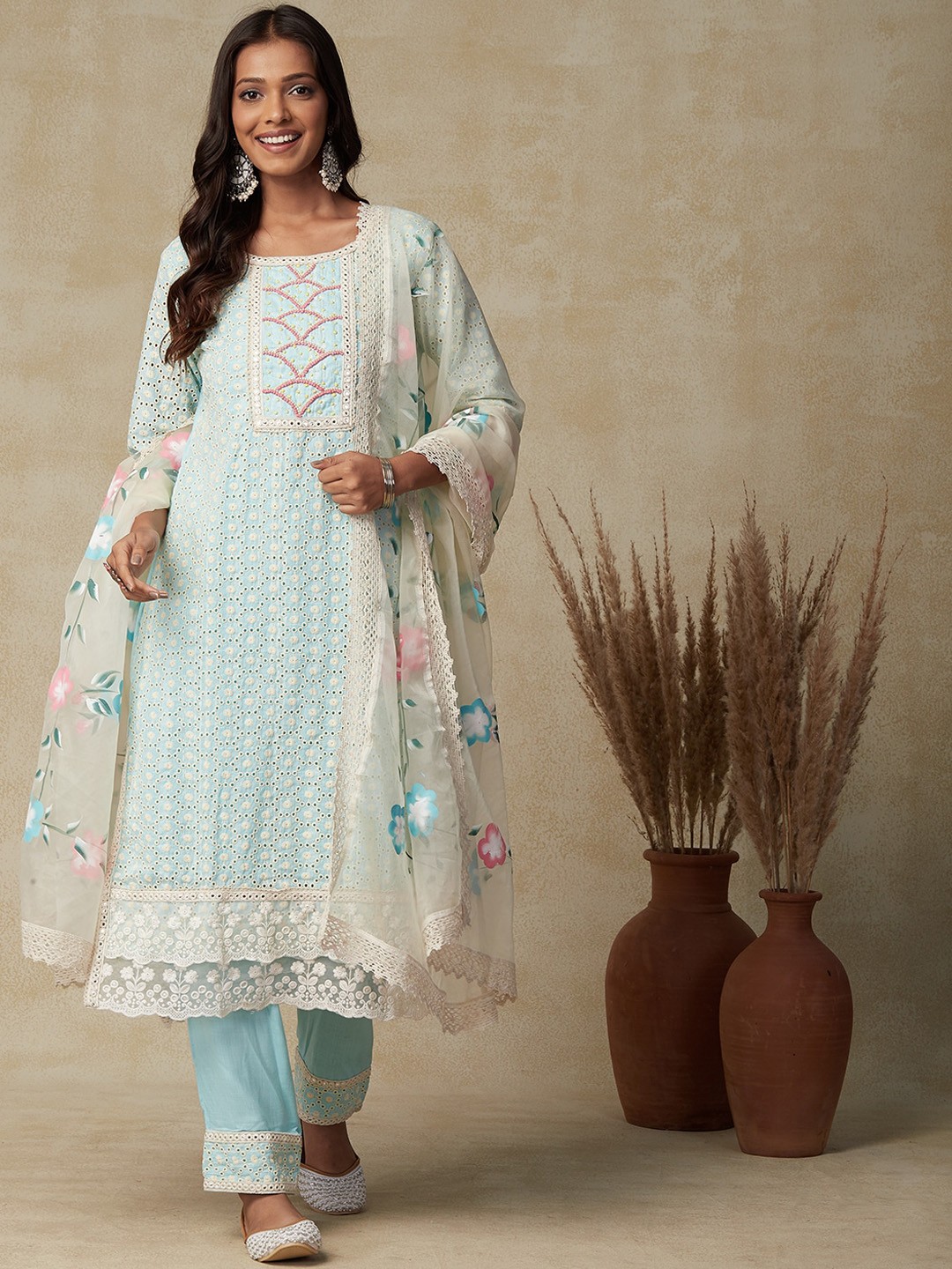 

FASHOR Ethnic Motifs Embroidered Pure Cotton Straight Kurta & Trouser With Dupatta, Blue