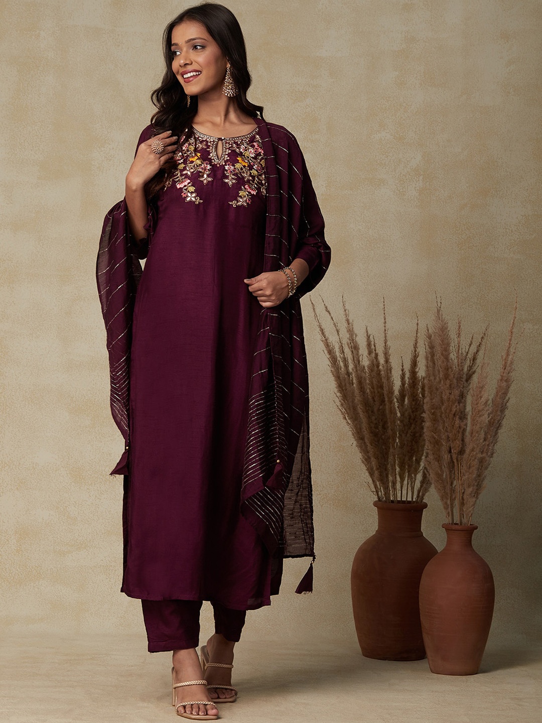 

FASHOR Burgundy Floral Embroidered Kurta with Trousers & Dupatta