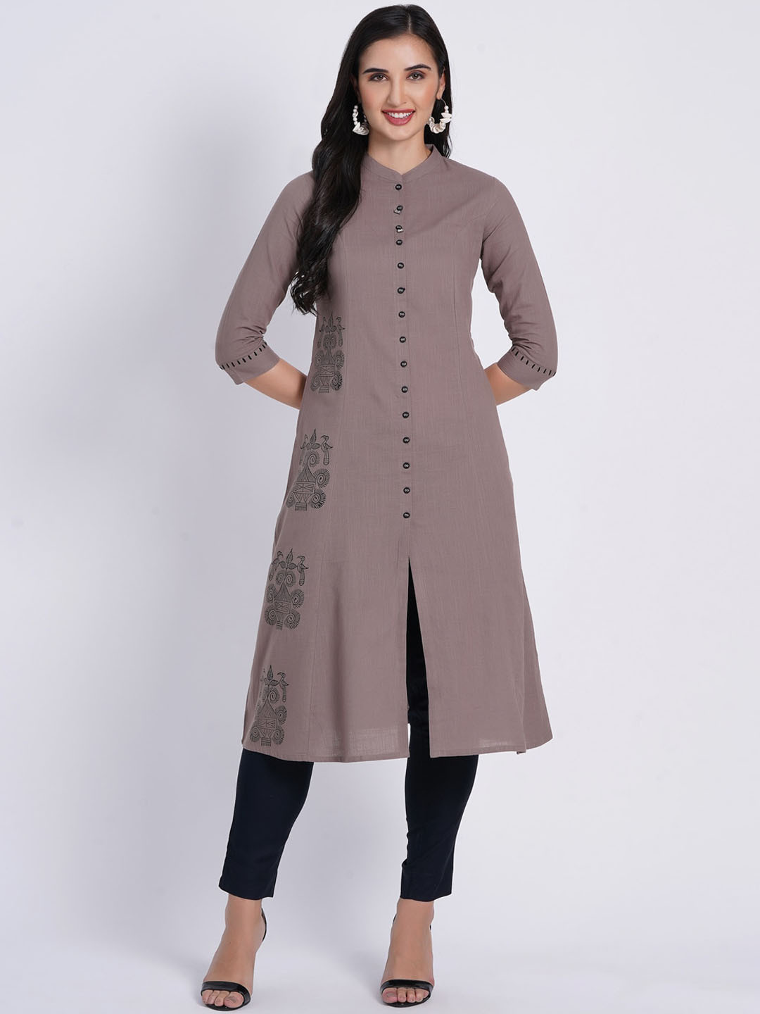 

SUTI Ethnic Motifs Printed Mandarin Collar Block Print Cotton A-line Kurta, Grey