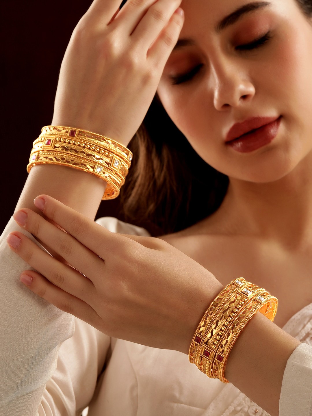 

Rubans Gold Plated Red White Kemp Stone Studded Handcrafted Bangles Set of 6