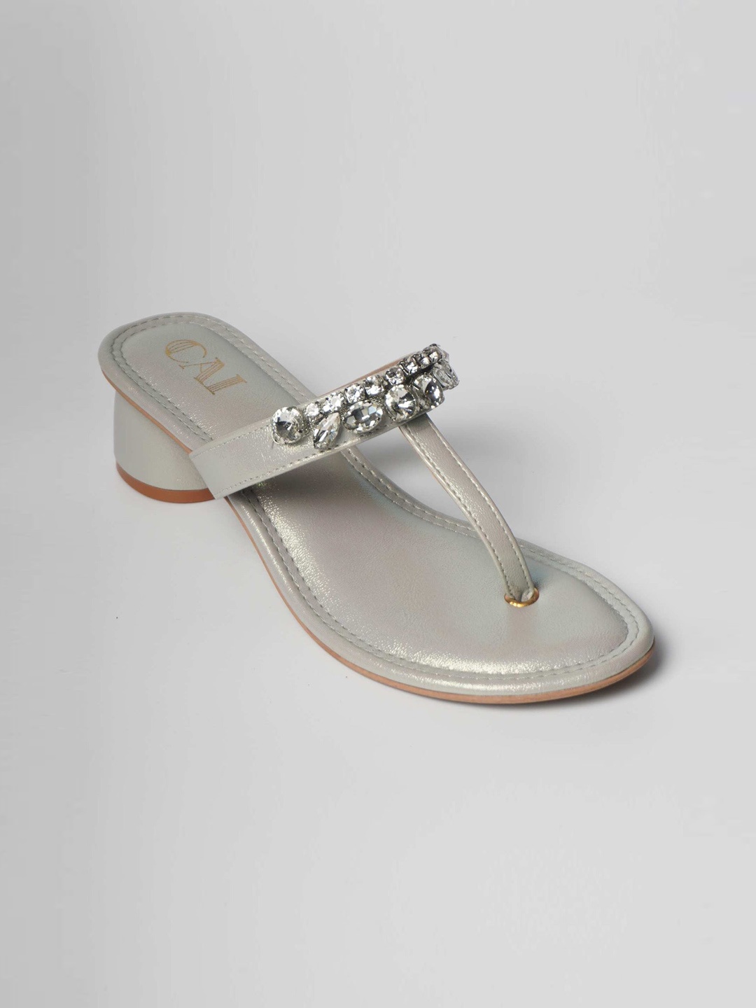 

CAI Ethnic Embellished T- Strap Block Heels, Silver