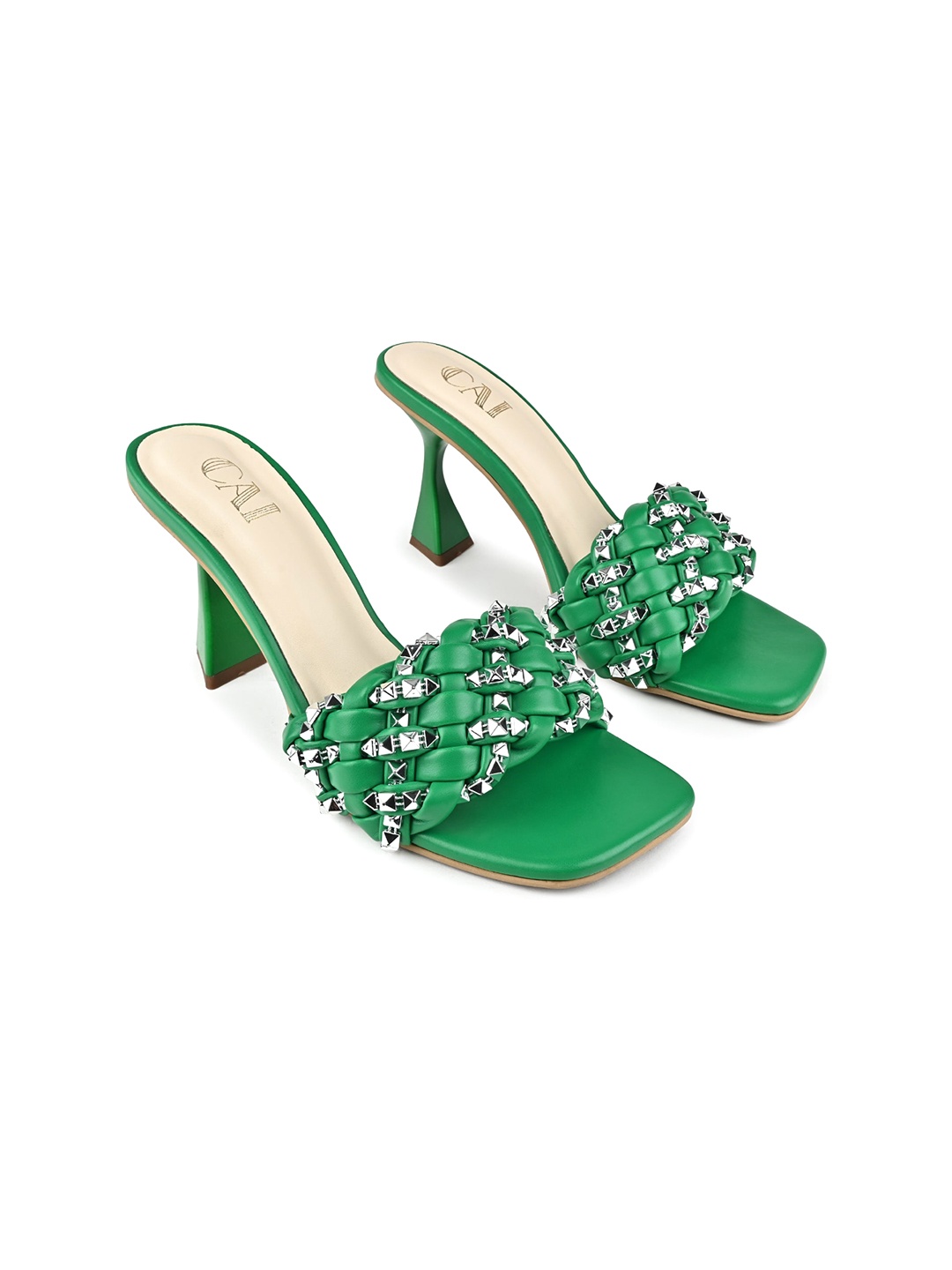 

CAI Embellished Braided Open Toe Block Heels, Green