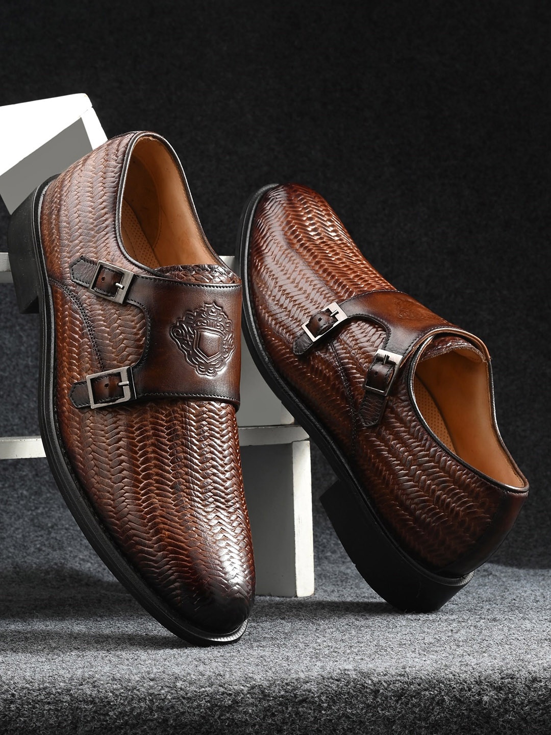 

Hitz Men Textured Leather Formal Double Monk Shoes, Brown