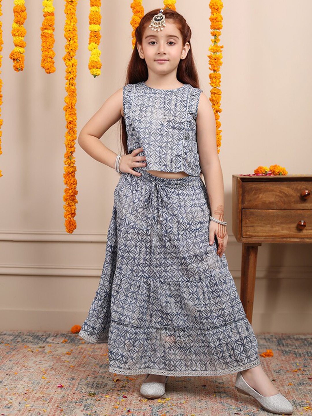 

Biglilpeople Girls Printed Cotton Ready to Wear Lehenga with Blouse, Blue