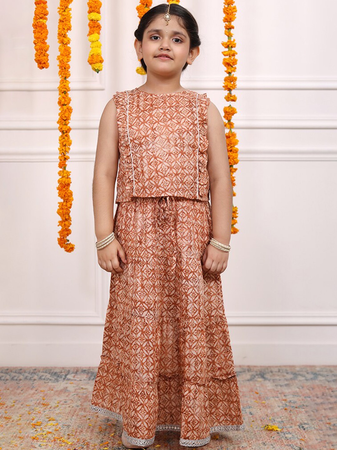 

Biglilpeople Girls Printed Cotton Ready to Wear Lehenga with Blouse, Rust