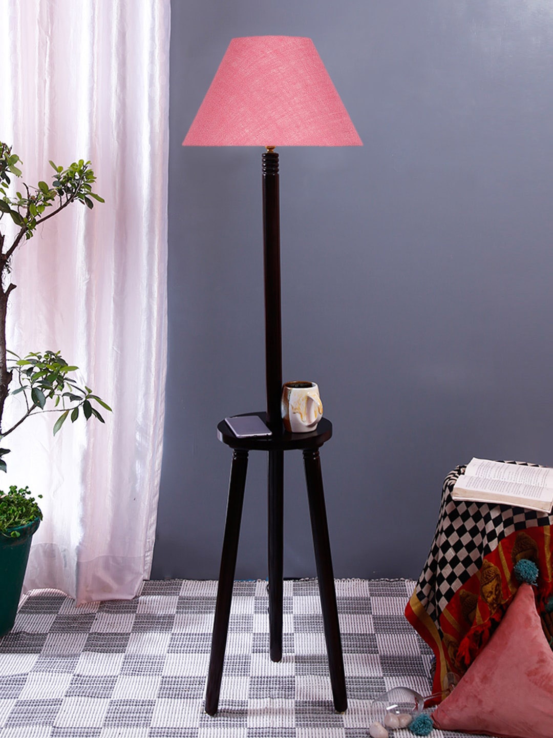 

Devansh Pink & Black Jute Conical Shade Wooden Floor Lamp