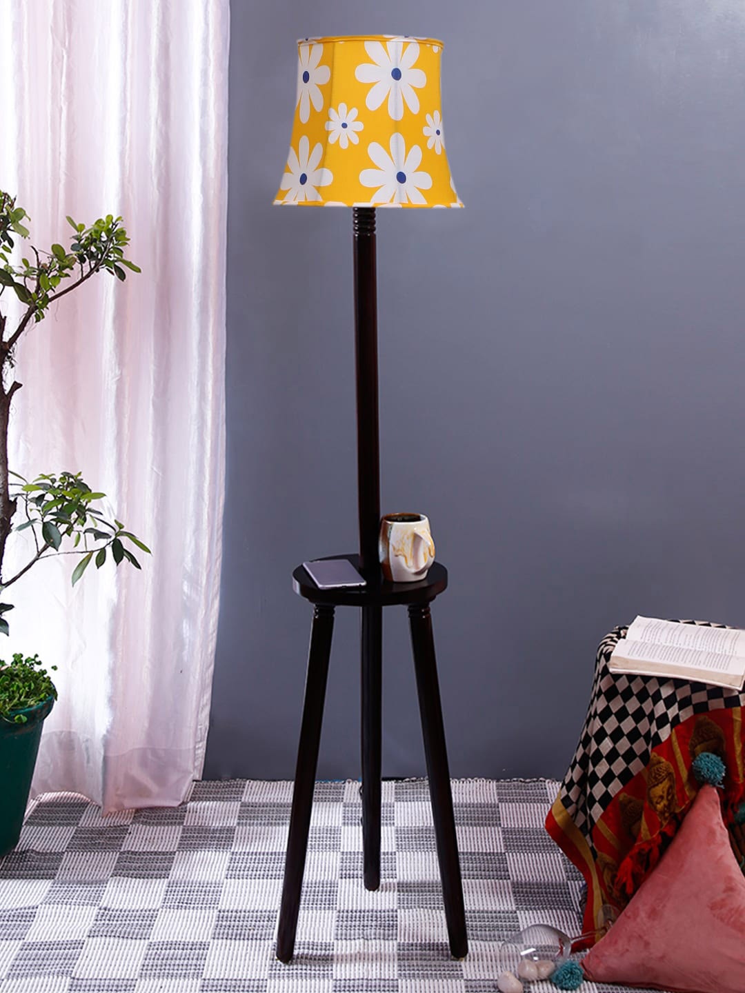 Devansh Yellow & White Floral Printed Shade Wooden Floor Lamp