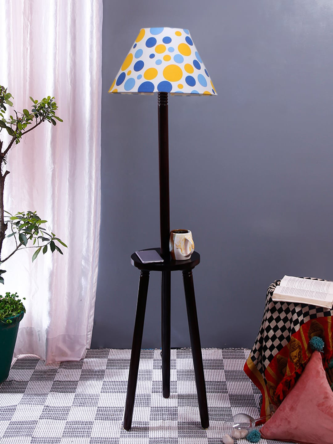 

Devansh White & Blue Printed Cotton Conical Wooden Floor Lamp