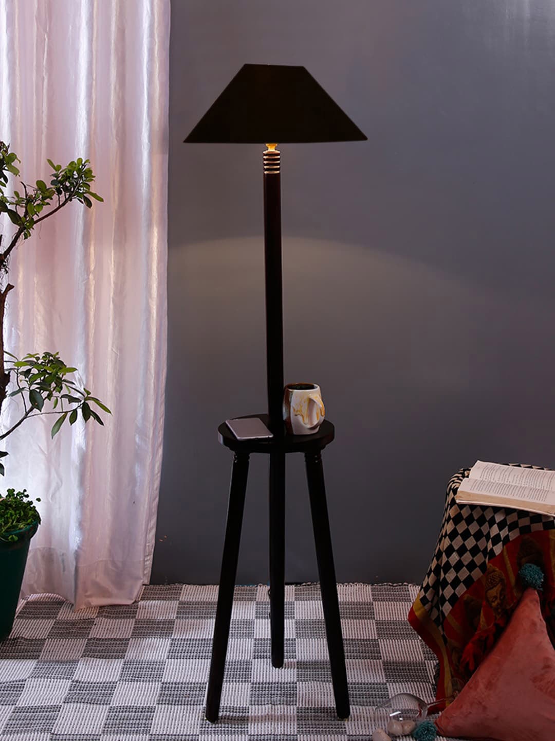 

Devansh Black Cotton Conical Shade Wooden Floor Lamp