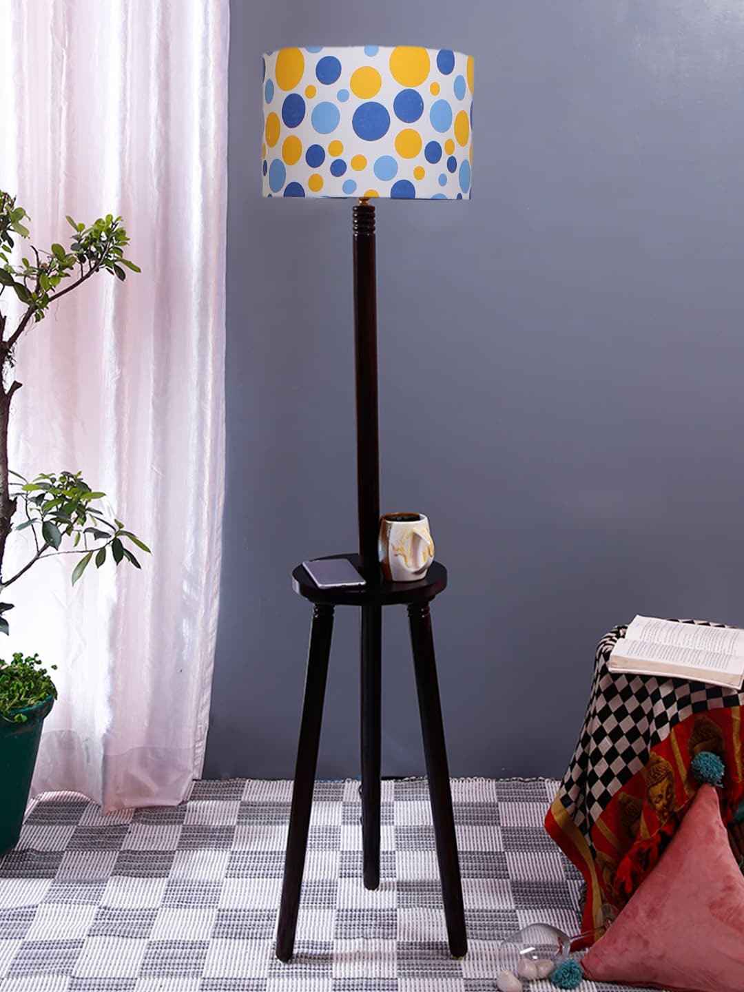 

Devansh White & Yellow Printed Cotton Drum Wooden Floor Lamp