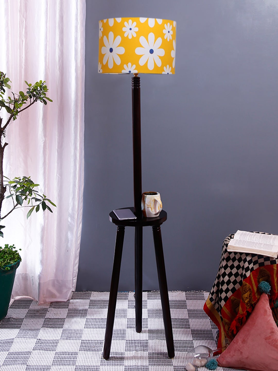 

Devansh Yellow & White Printed Cotton Drum Wooden Floor Lamp