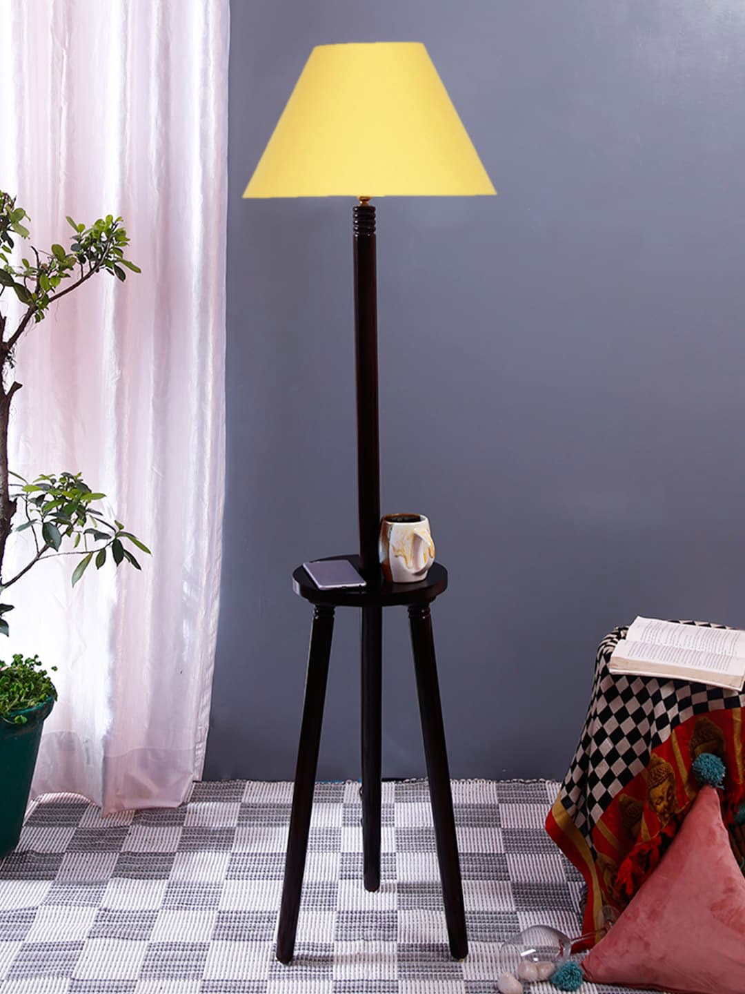 

Devansh Yellow Cotton Conical Shade Wooden Floor Lamp