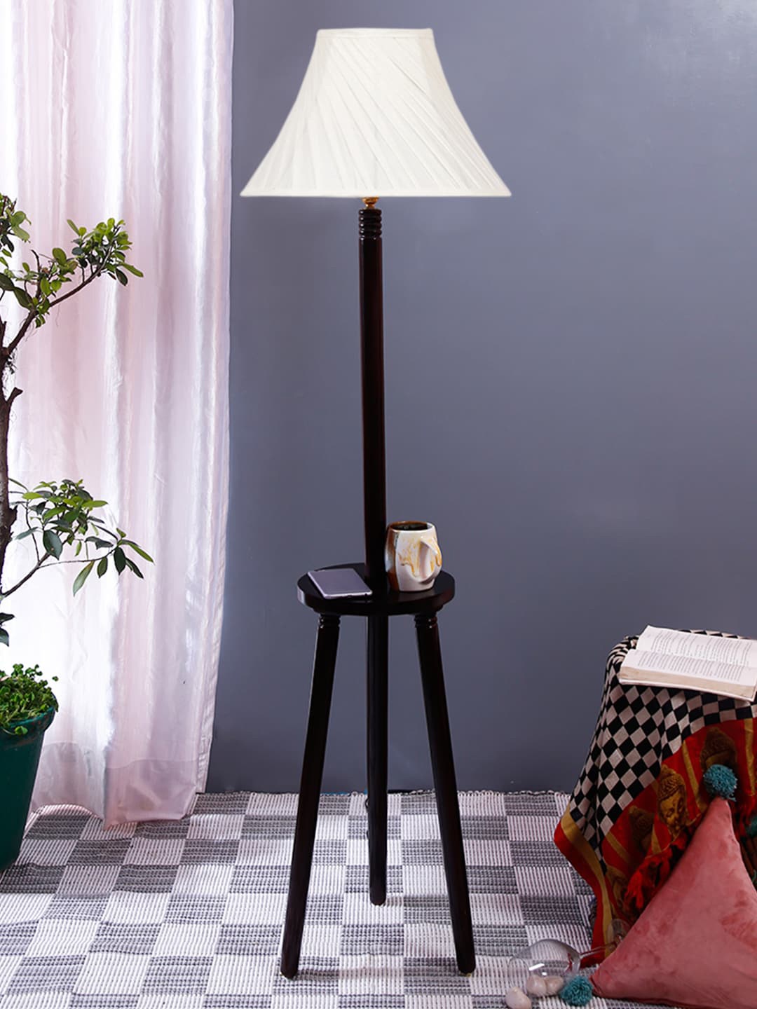 

Devansh White & Black Pleated Cotton Conical Shade Wooden Floor Lamp
