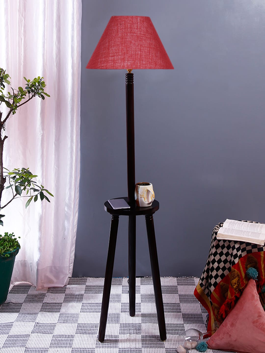 

Devansh Maroon & Black Jute Conical Wooden Floor Lamp