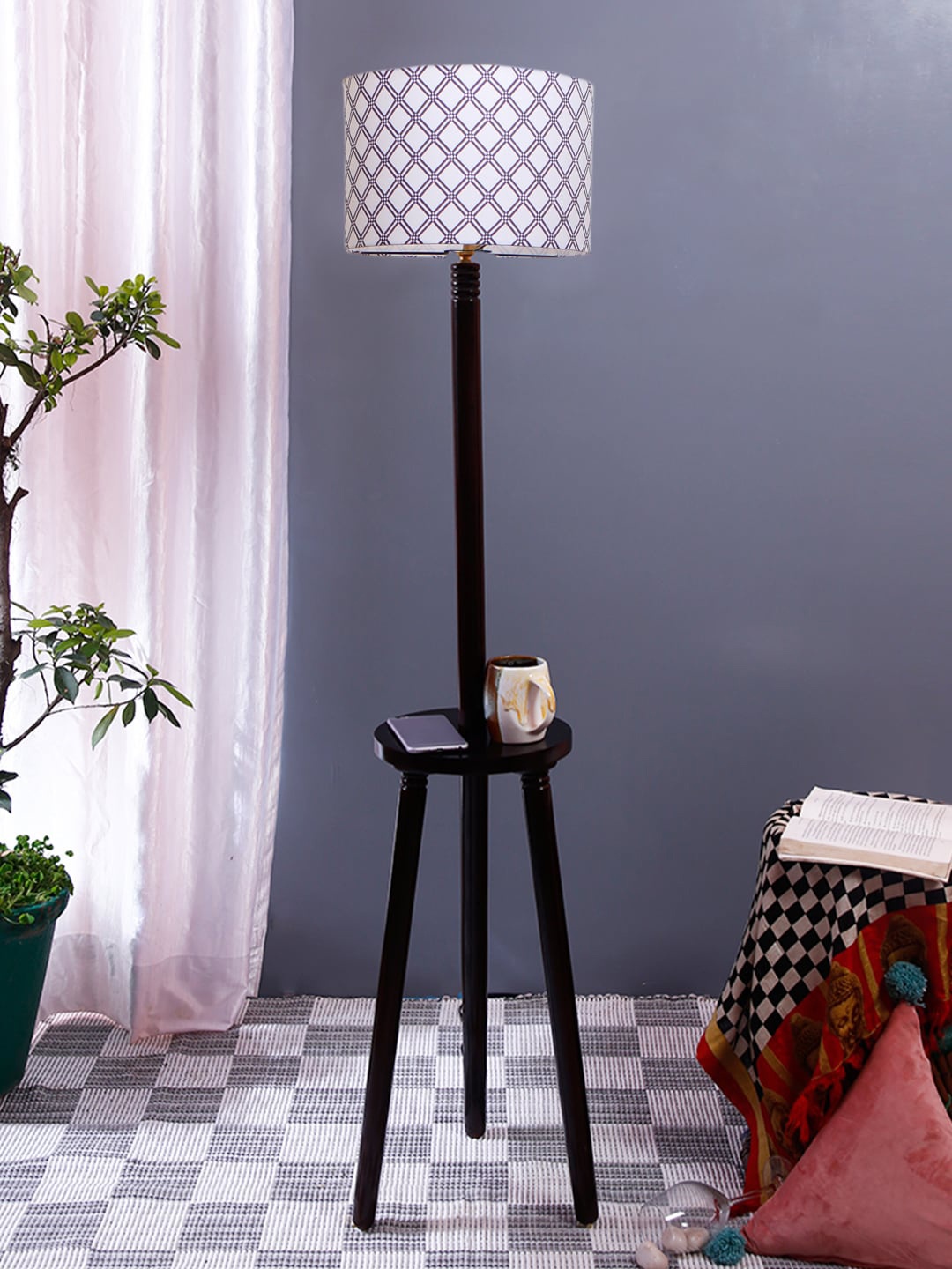 

Devansh White & Black Printed Cotton Drum Shade Wooden Floor Lamp