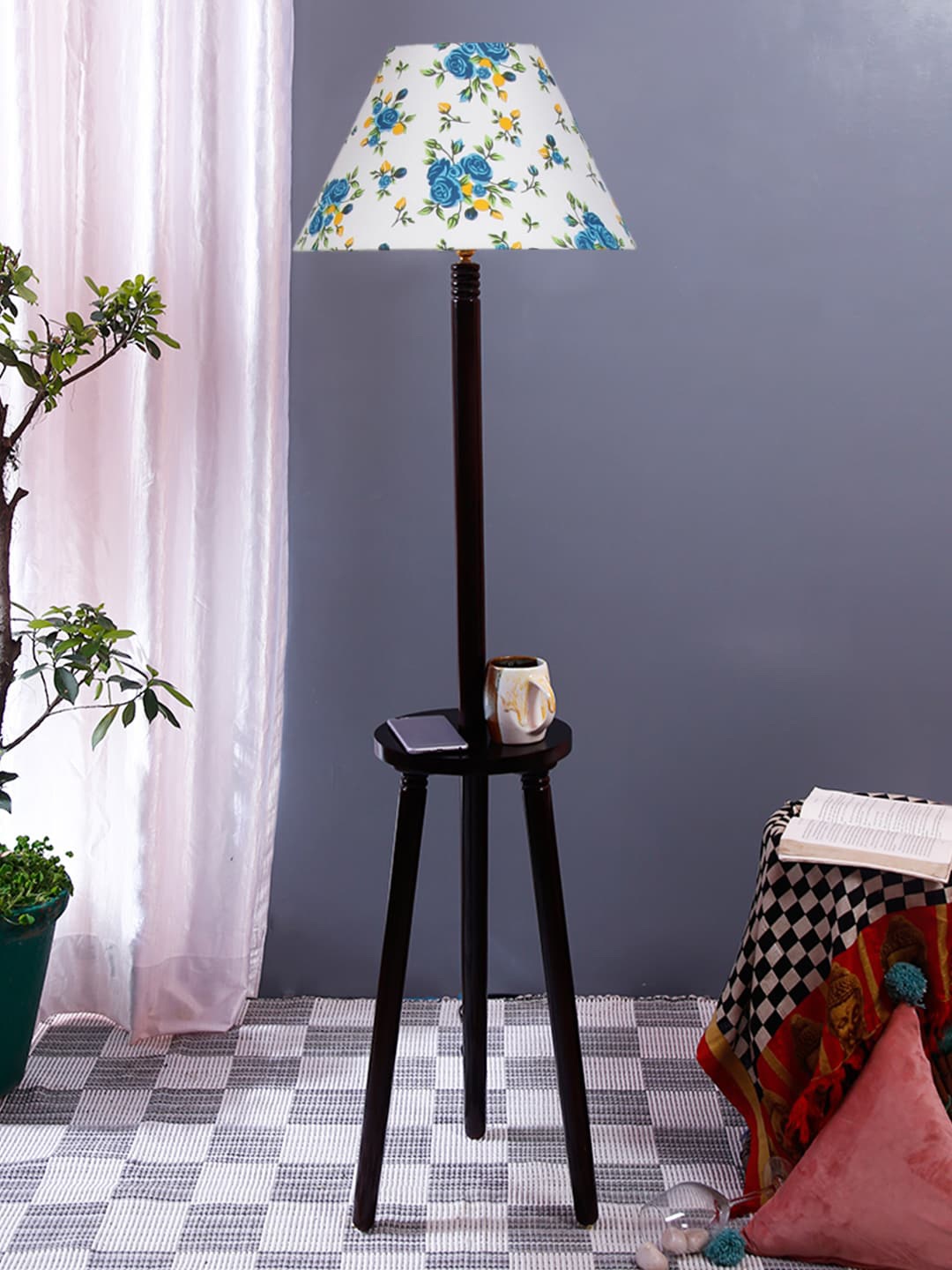 

Devansh White & Blue Printed Cotton Conical Wooden Floor Lamp