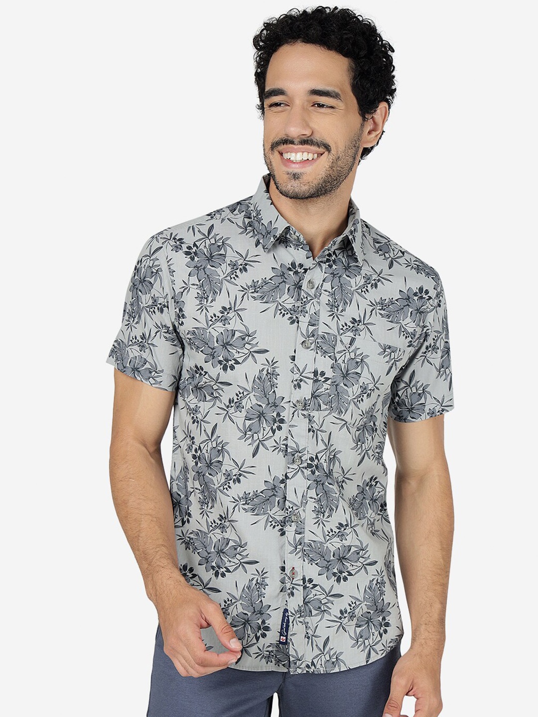 

Greenfibre Slim Fit Floral Printed Spread Collar Pure Cotton Casual Shirt, Grey