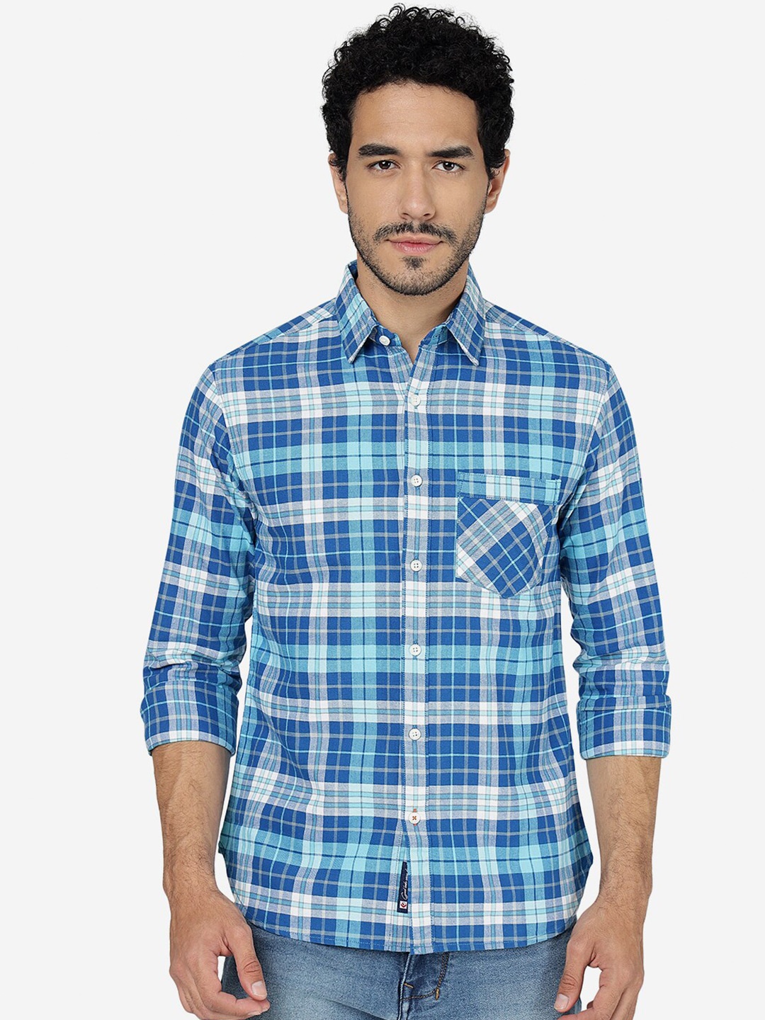 

Greenfibre Slim Fit Tartan Checks Spread Collar Long Sleeves Cotton Casual Shirt, Blue