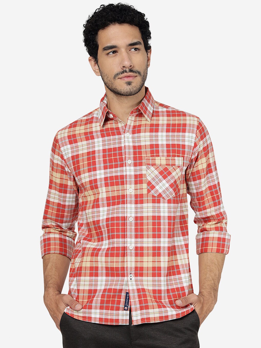 

Greenfibre Slim Fit Tartan Checks Spread Collar Long Sleeves Cotton Casual Shirt, Red