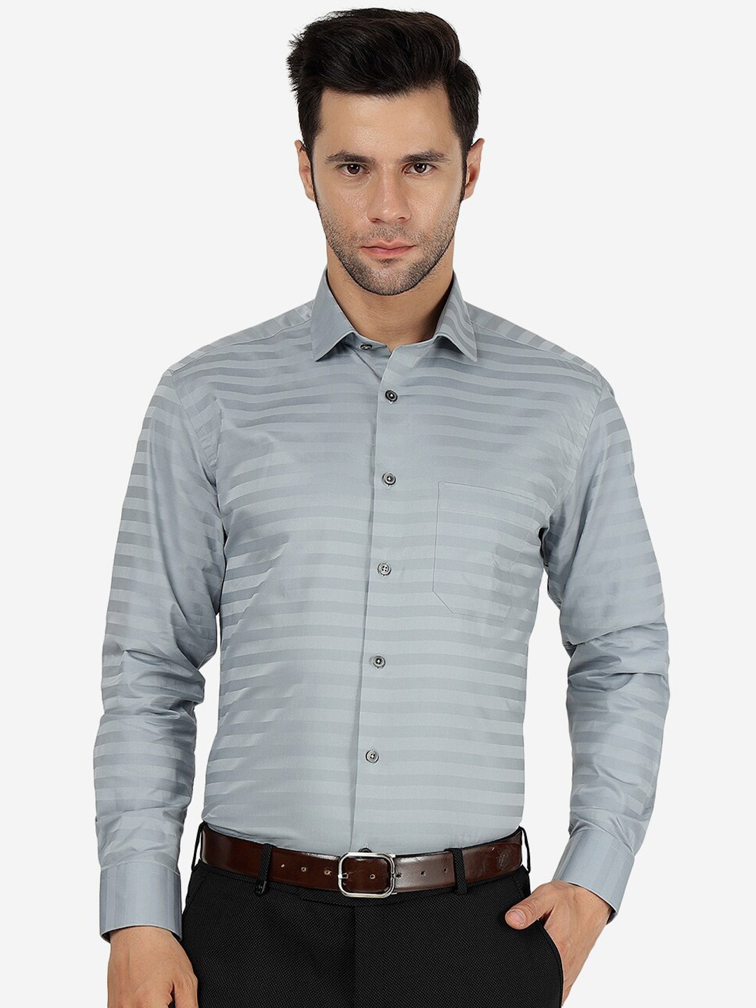 

Greenfibre Horizontal Stripes Opaque Striped Cotton Casual Shirt, Grey