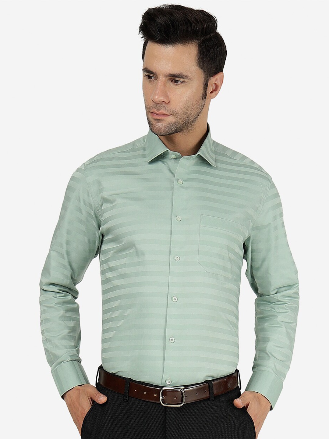 

Greenfibre Slim Fit Horizontal Striped Spread Collar Casual Shirt, Green