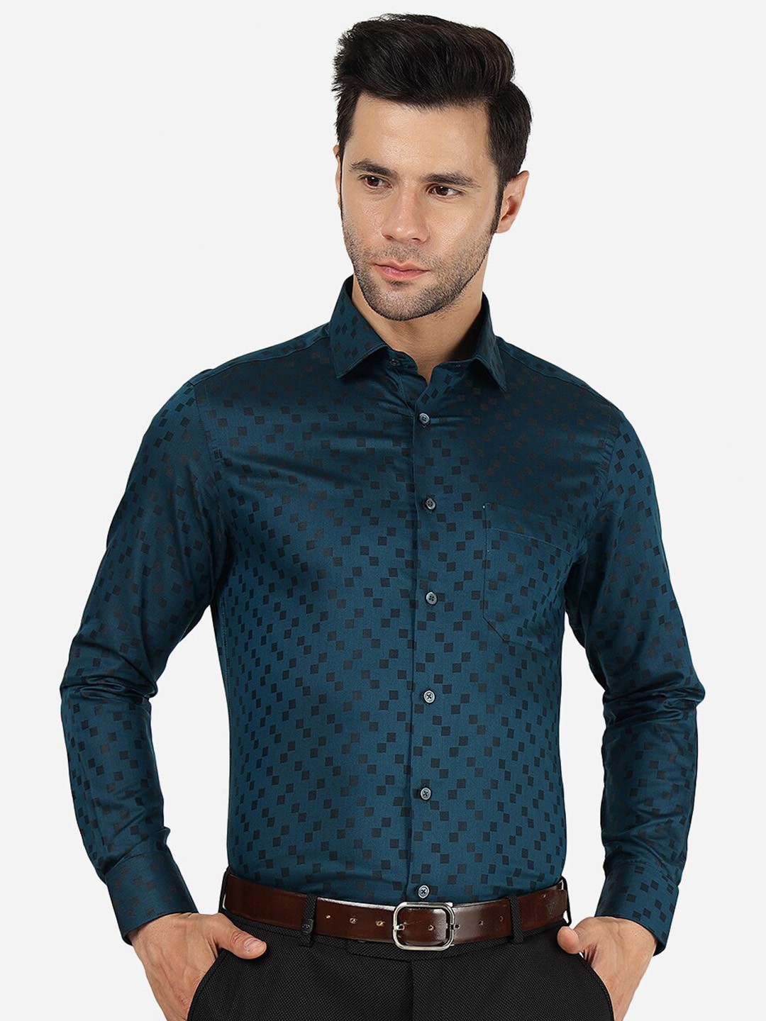 

Greenfibre Slim Fit Geometric Printed Spread Collar Cotton Formal Shirt, Teal