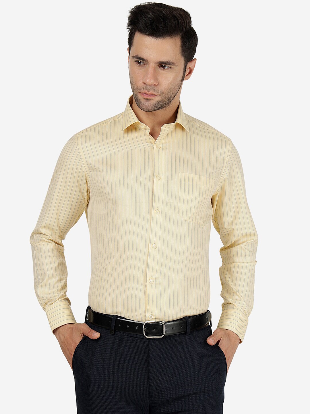 

Greenfibre Slim Fit Vertical Stripes Spread Collar Long Sleeves Formal Shirt, Yellow