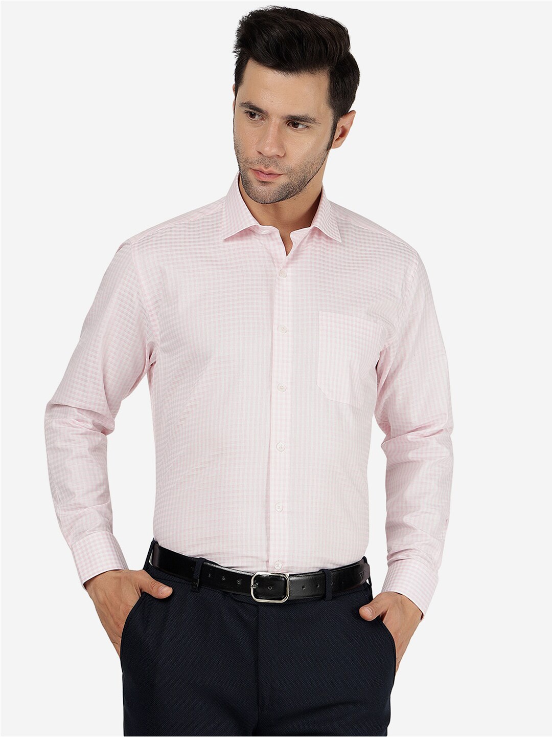 

JADE BLUE Spread Collar Grid Tattersall Checked Casual Pure Cotton Shirt, Pink